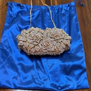 Gold Floral Rhinestone/ Crystal “Roses” Evening Clutch - Women Bags
